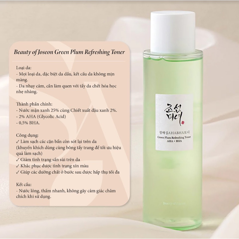 Nước toner sáng da, tẩy tế bào chết Beauty of Joseon Green plum refreshing toner AHA + BHA 150ml